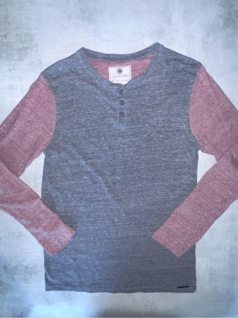 on the byas Heather Gray Henley with Dusty Rose Sleeves